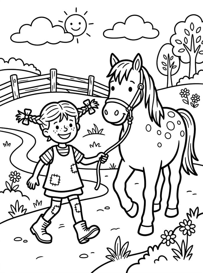 Pippi Langstrømpe går tur med sin hest Tegninger til Farvelægning