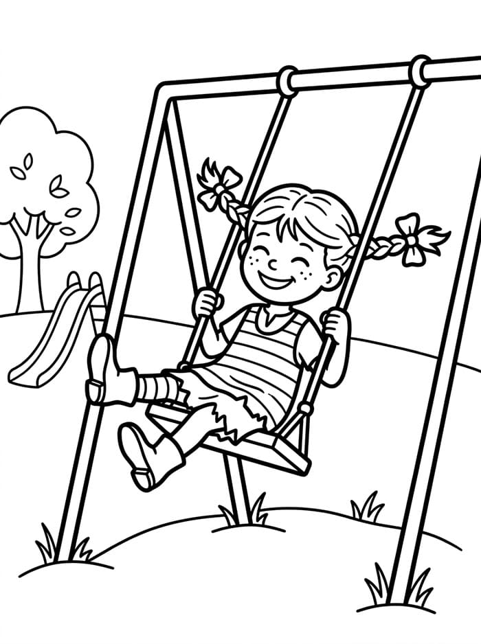 Pippi Langstrømpe gynger på legepladsen Tegninger til Farvelægning