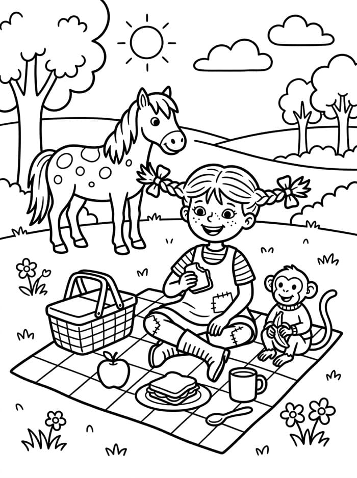 Pippi Langstrømpe holder picnic Tegninger til Farvelægning