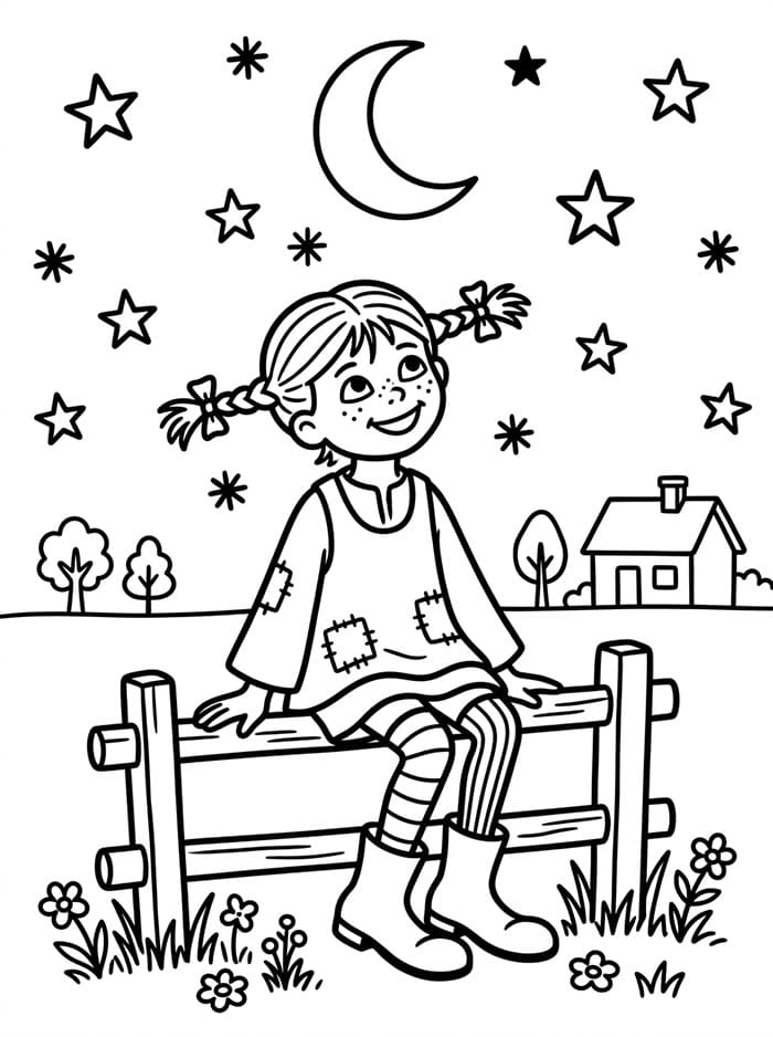Pippi Langstrømpe kigger på stjernerne Tegninger til Farvelægning