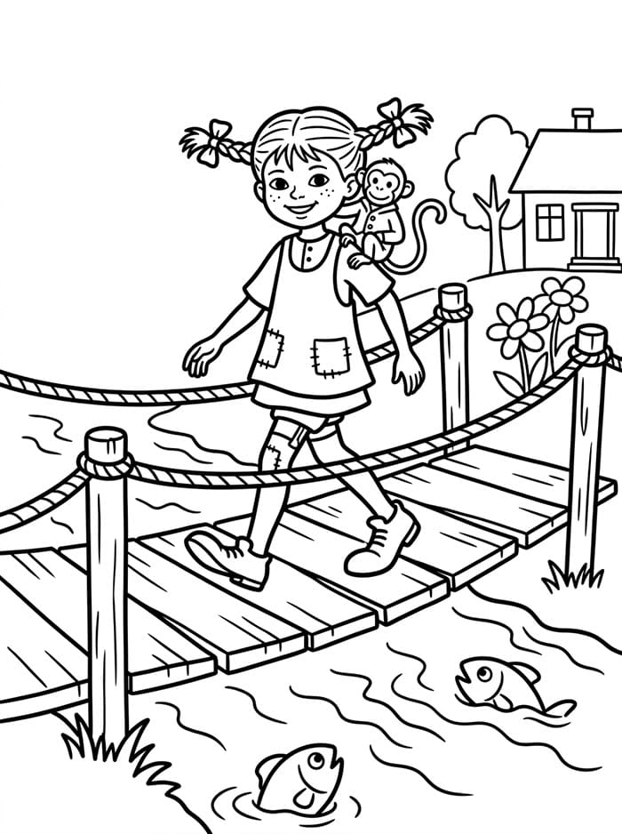 Pippi Langstrømpe krydser en træbro Tegninger til Farvelægning