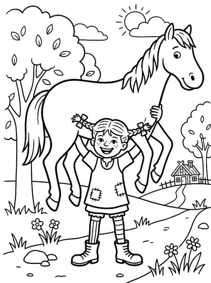 Pippi Langstrømpe løfter sin hest Tegninger til Farvelægning
