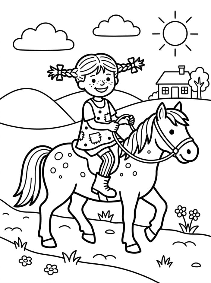 Pippi Langstrømpe rider på sin hest Tegninger til Farvelægning