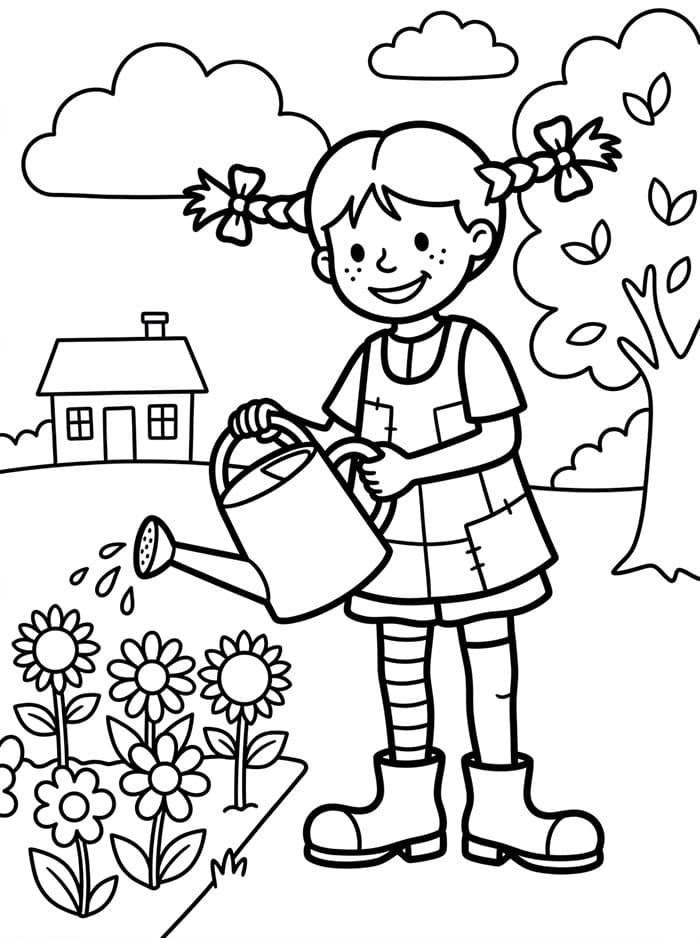 Pippi Langstrømpe vander blomster Tegninger til Farvelægning