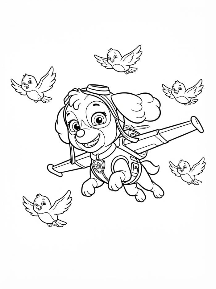 Skye Paw Patrol med fugle Tegninger til Farvelægning