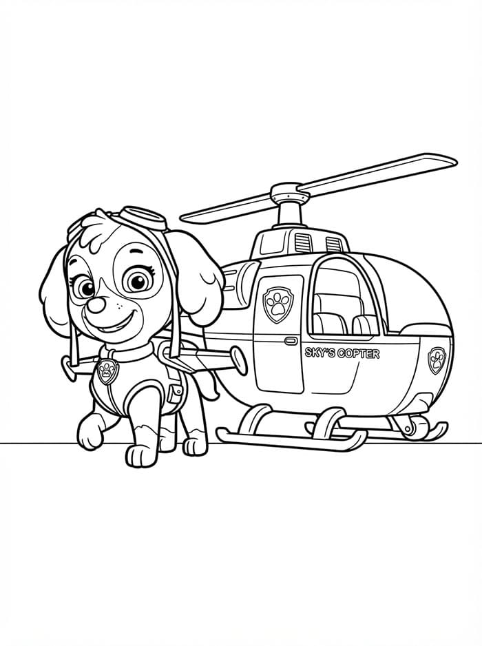 Skye Paw Patrol ved siden af ​​helikopter Tegninger til Farvelægning