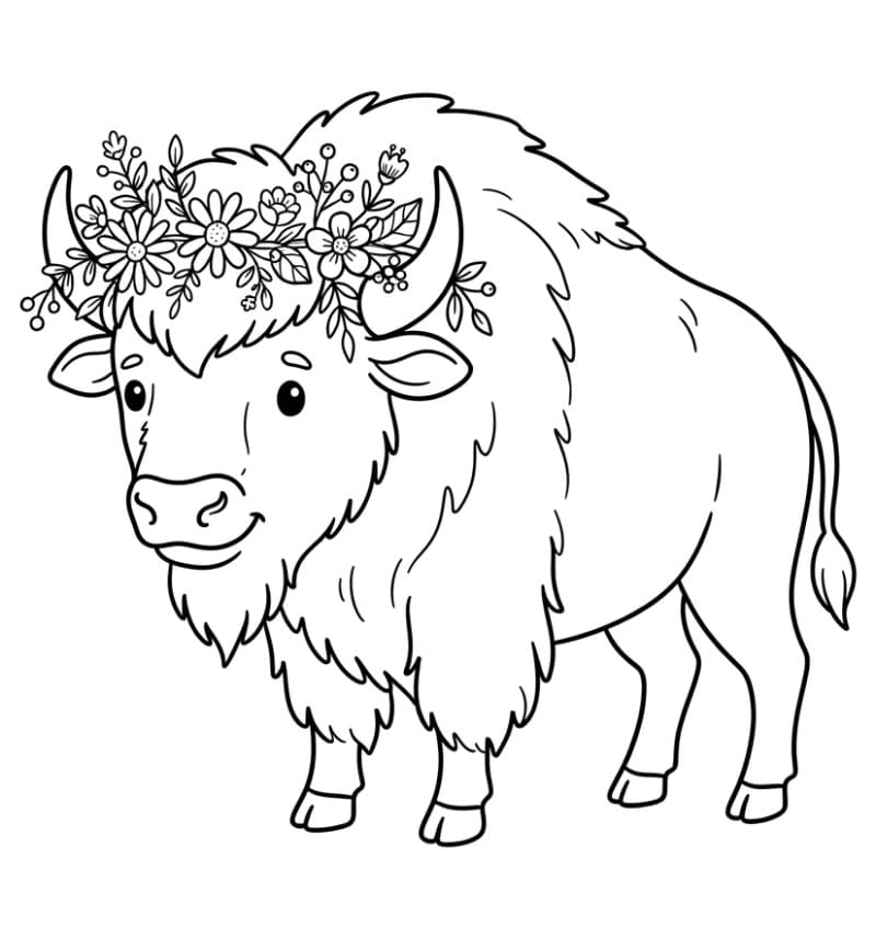 Bison bærer en blomsterkrone Tegninger til Farvelægning