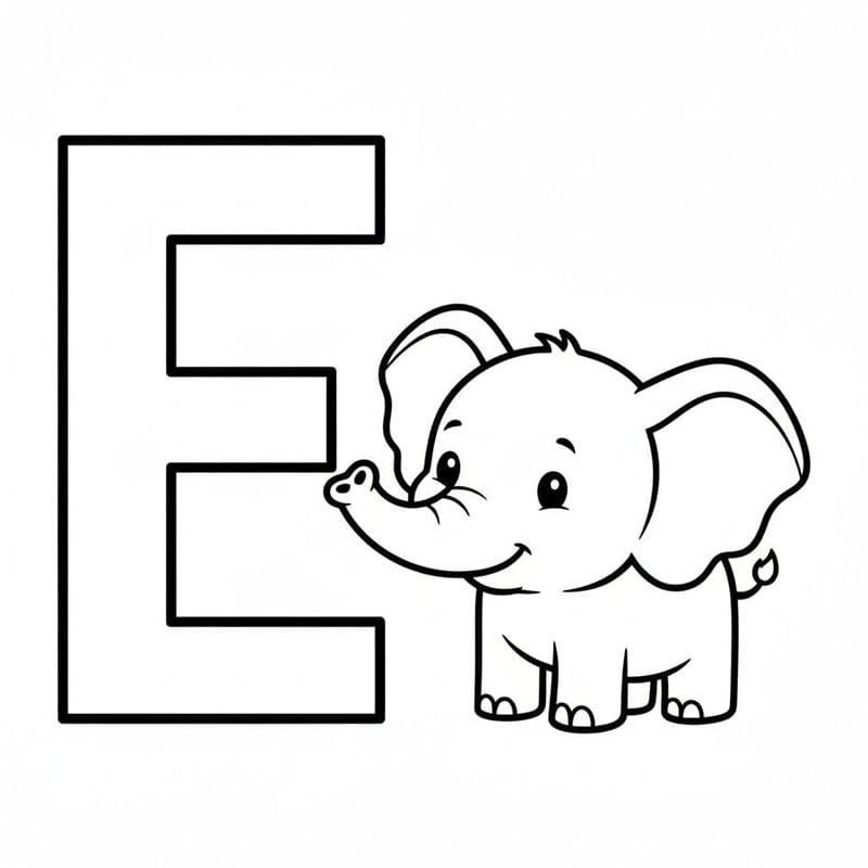 Bogstavet E er for Elefant Alfabet Tegninger til Farvelægning