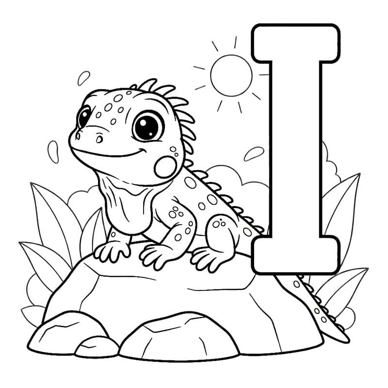 Bogstavet I er for Iguana Alfabet Tegninger til Farvelægning