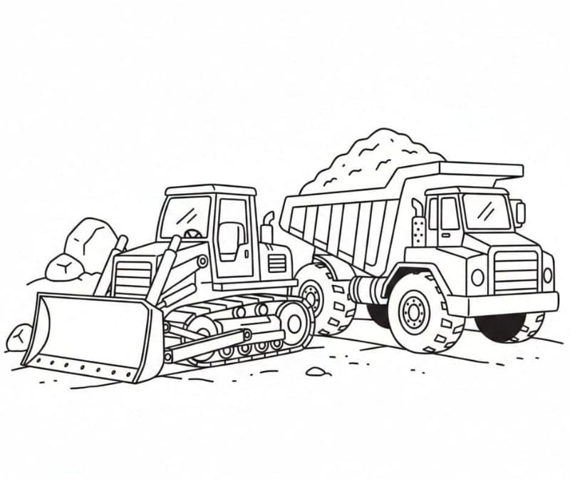 Bulldozer og lastbil Tegninger til Farvelægning