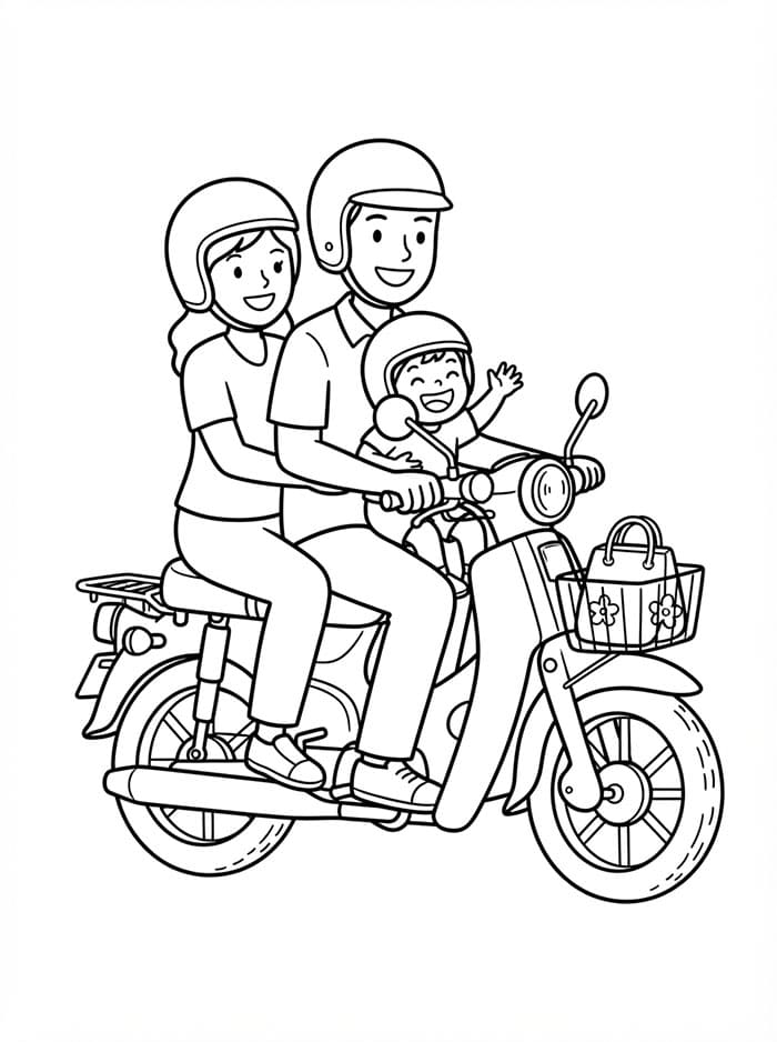 Familie på Honda Scooter Tegninger til Farvelægning