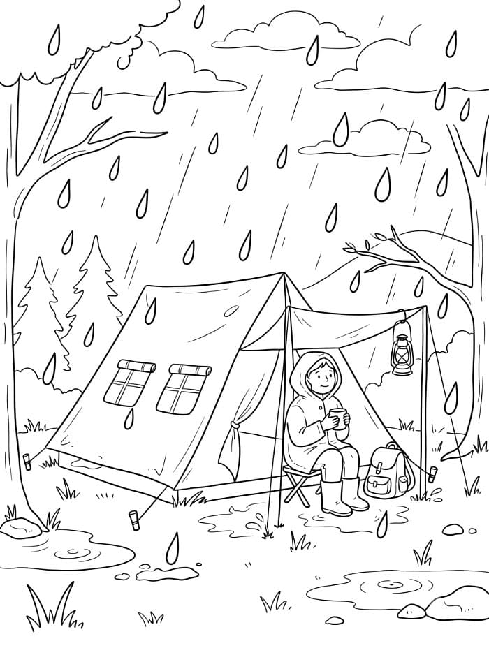Camping i regnen Tegninger til Farvelægning