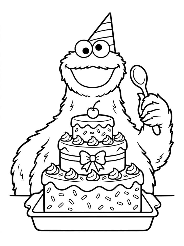 Cookie Monster og fødselsdagskage Tegninger til Farvelægning