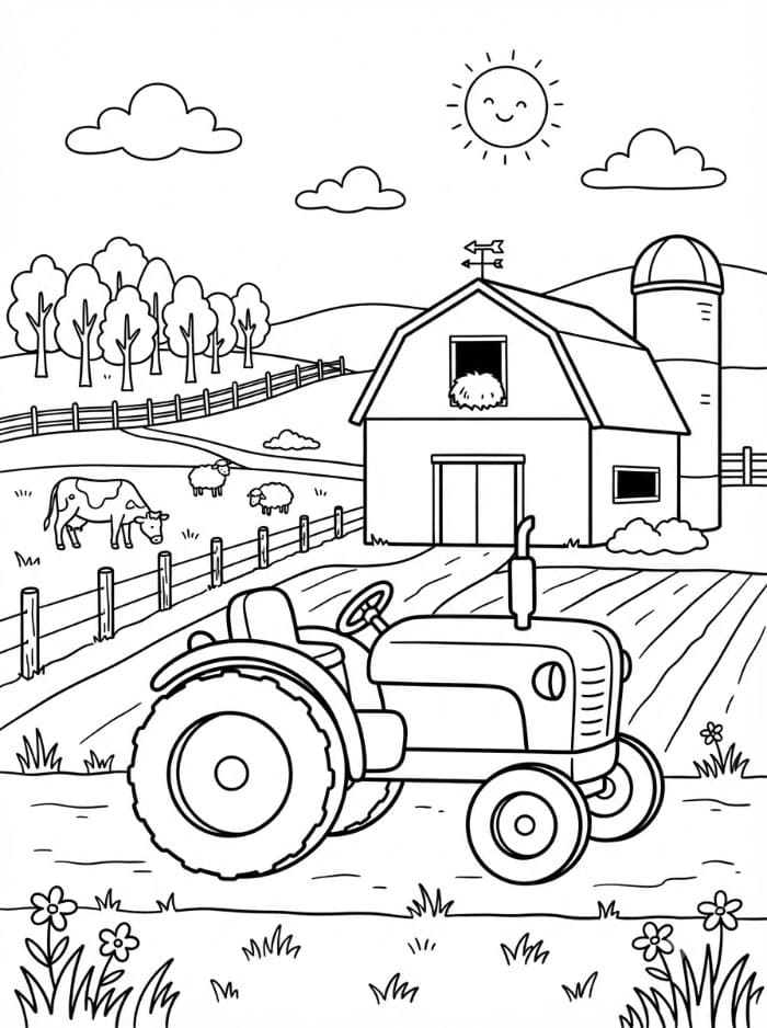 Gård med traktor Tegninger til Farvelægning