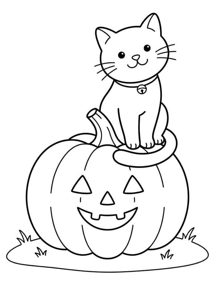 Gratis Halloween kat på et græskar Tegninger til Farvelægning