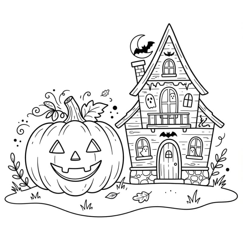 Halloween græskar med et hjemsøgt hus Tegninger til Farvelægning