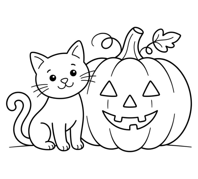 Halloween græskar og sort kat Tegninger til Farvelægning