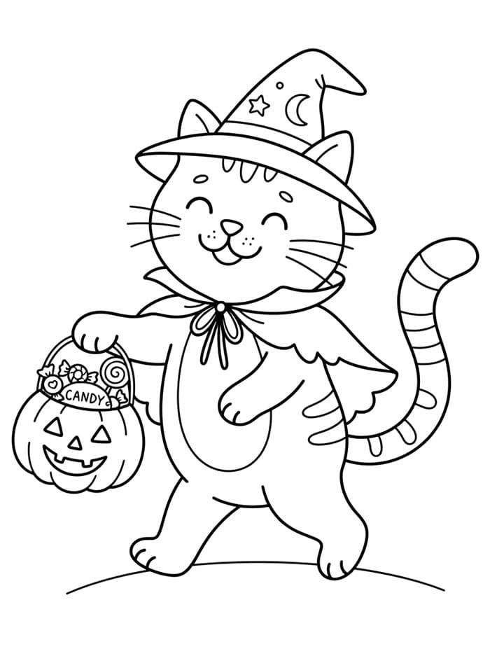 Halloween kat går fra dør til dør efter slik Tegninger til Farvelægning