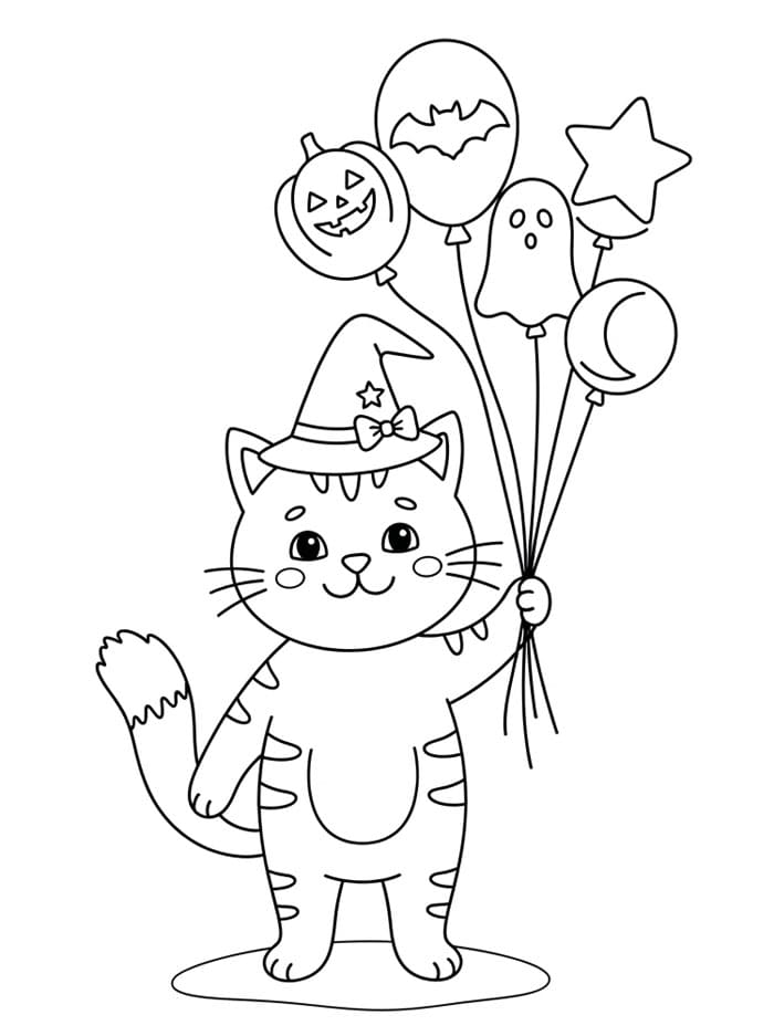Halloween kat holder balloner Tegninger til Farvelægning