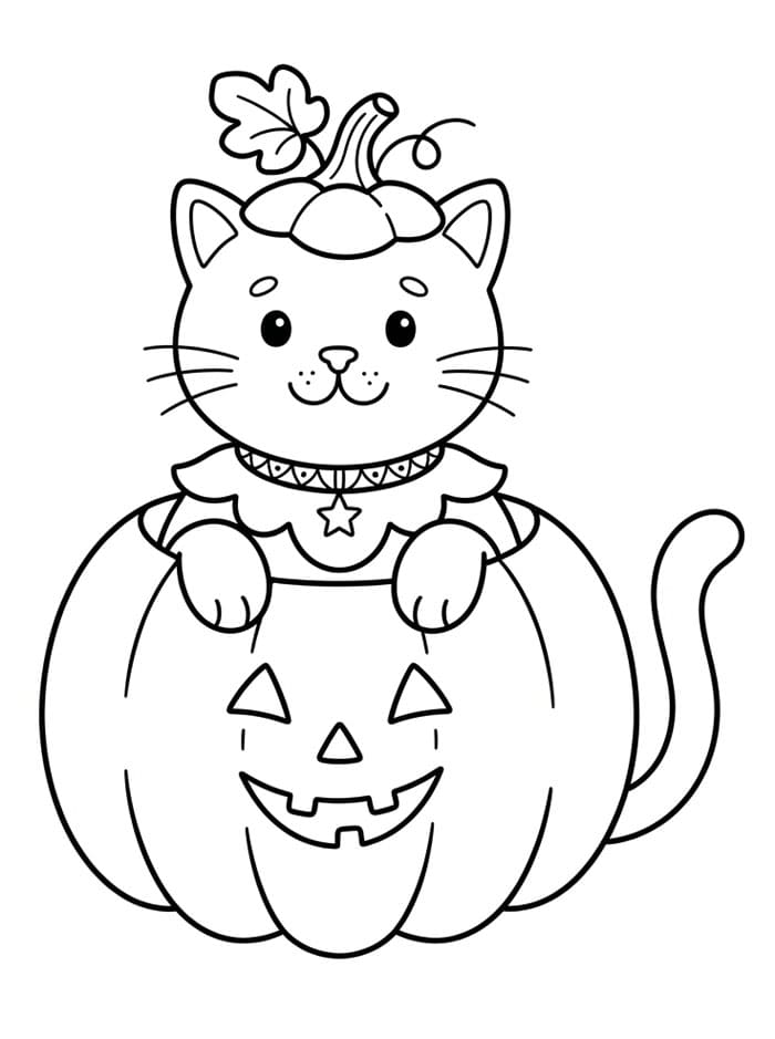 Halloween kat i et græskarkostume Tegninger til Farvelægning