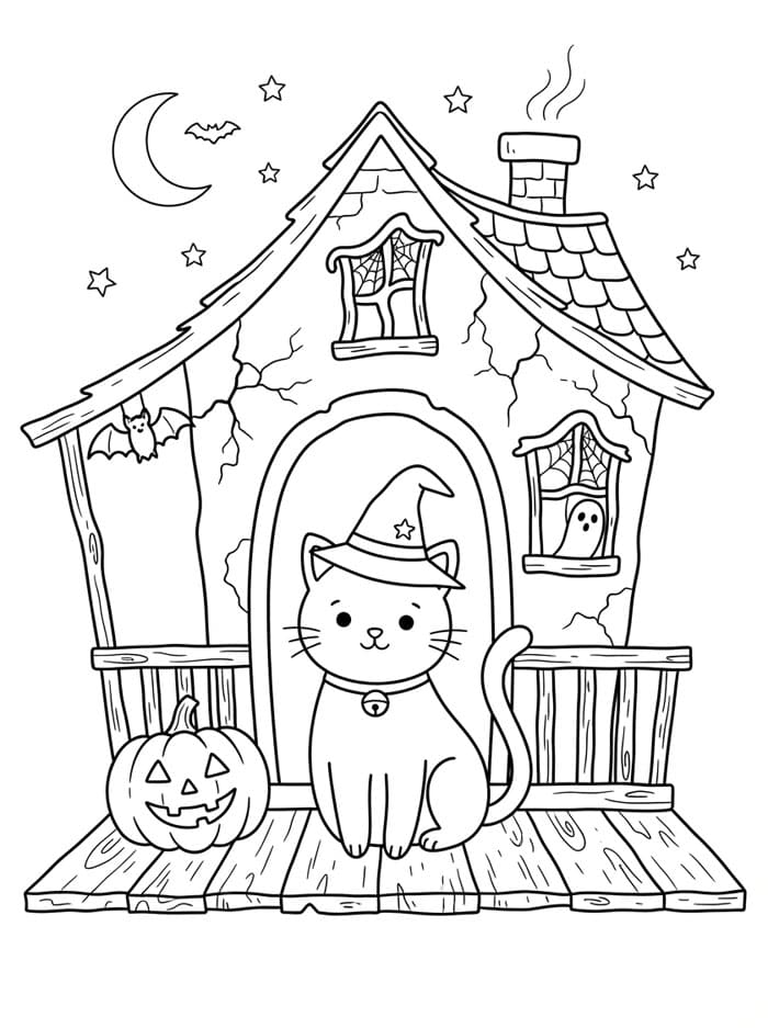 Halloween kat i et hjemsøgt hus Tegninger til Farvelægning