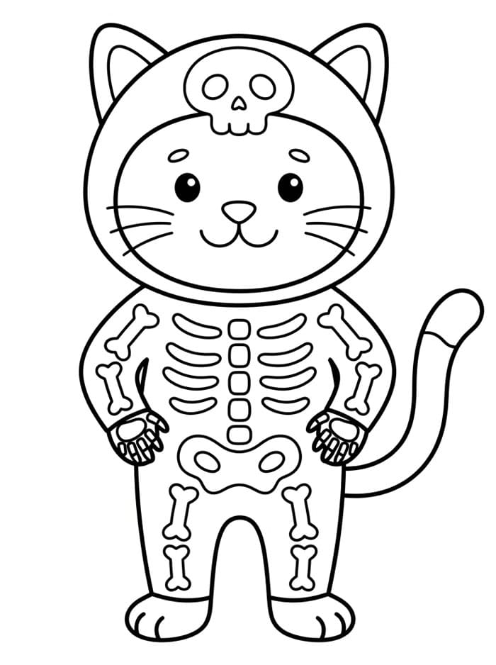 Halloween kat iført et skeletkostume Tegninger til Farvelægning
