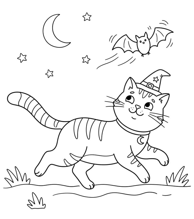 Halloween kat jagter en flagermus Tegninger til Farvelægning