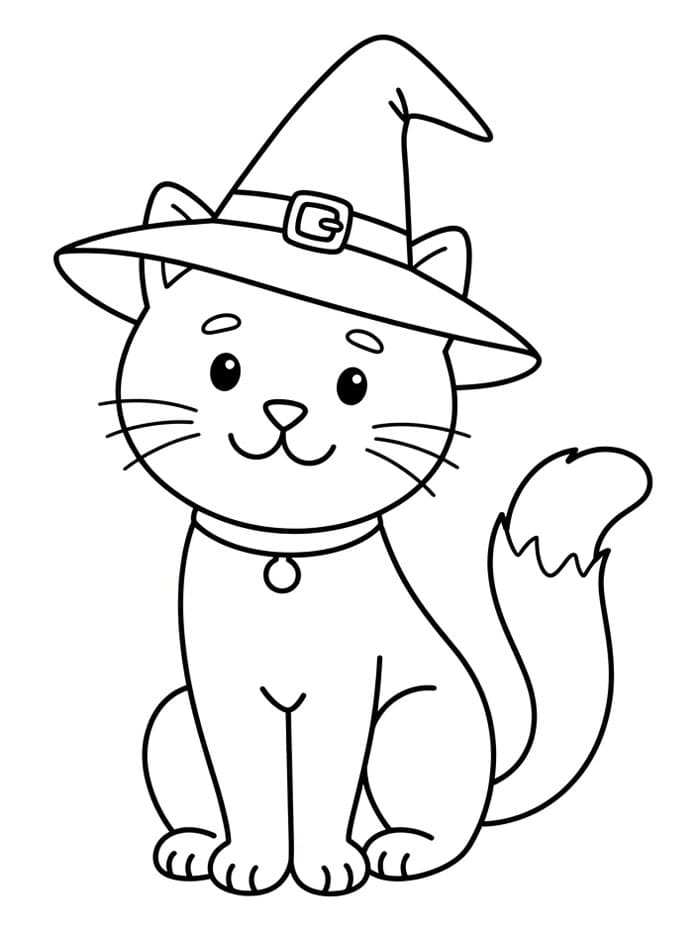 Halloween kat med en heksehat Tegninger til Farvelægning