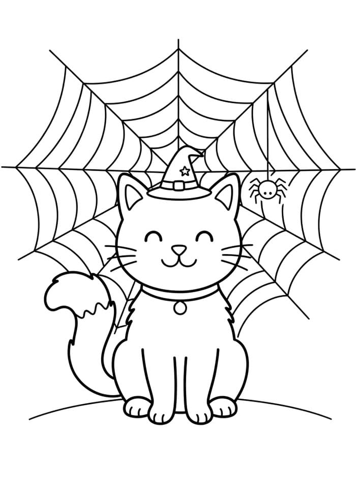 Halloween kat med et edderkoppespind Tegninger til Farvelægning
