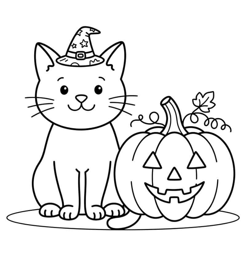 Halloween kat med et græskar Tegninger til Farvelægning