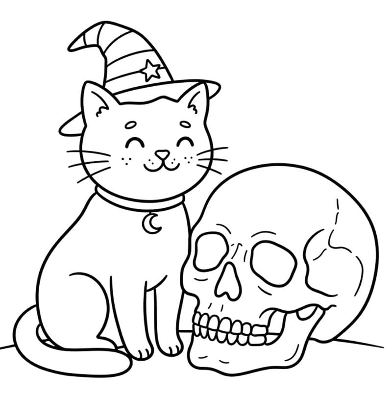 Halloween kat med et kranie Tegninger til Farvelægning