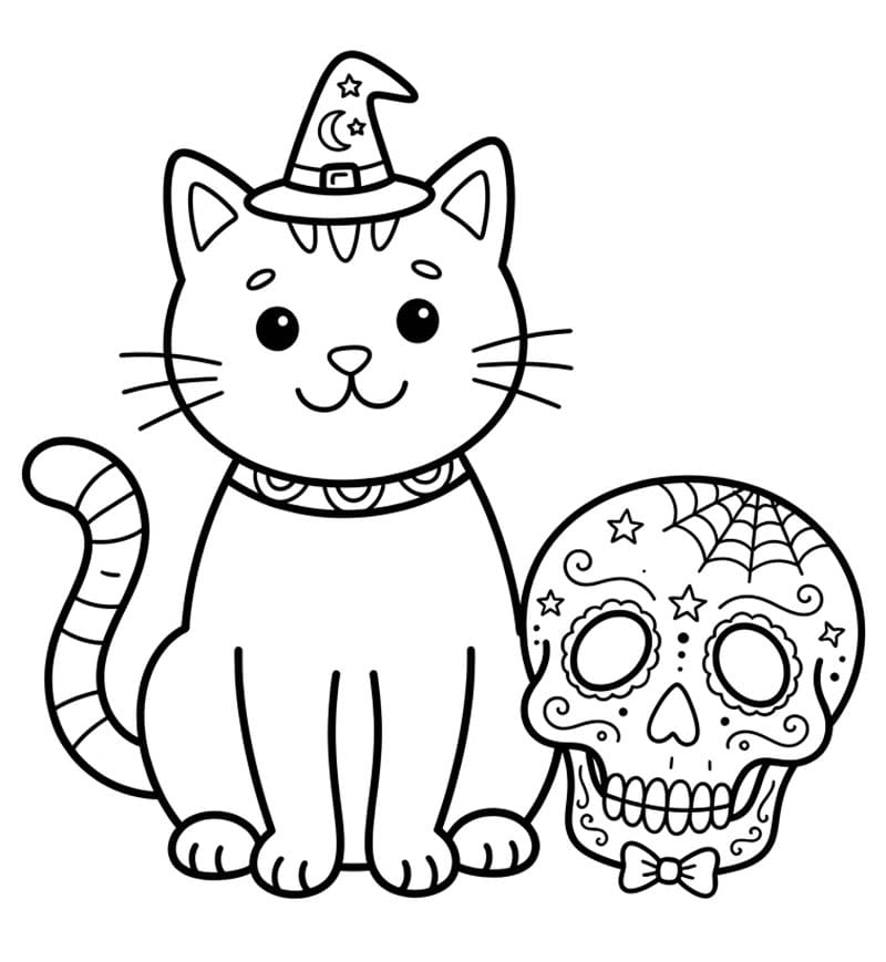 Halloween kat med et kranie højtidsmotiv Tegninger til Farvelægning