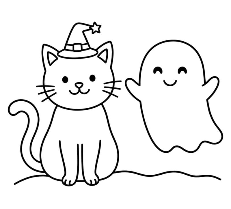 Halloween kat med et spøgelse Tegninger til Farvelægning