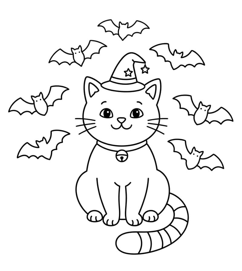 Halloween kat med flagermus Tegninger til Farvelægning