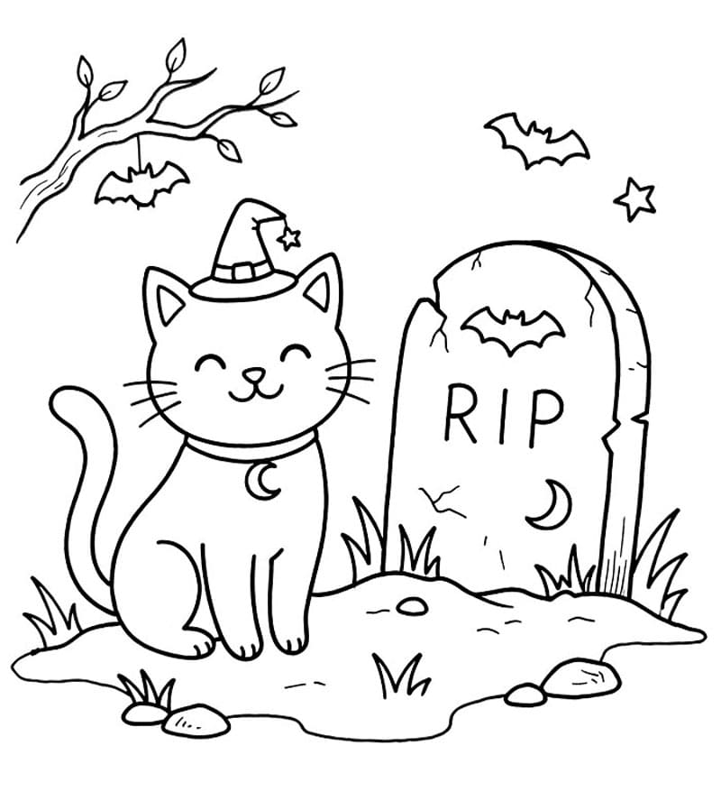 Halloween kat og en grav Tegninger til Farvelægning