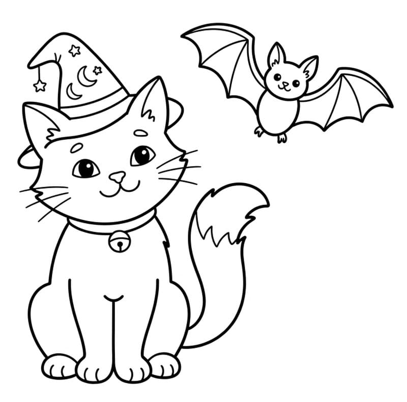 Halloween kat og en sort flagermus Tegninger til Farvelægning