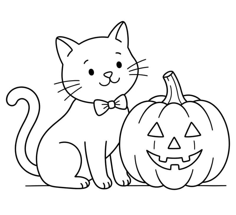 Halloween kat og et græskar Tegninger til Farvelægning