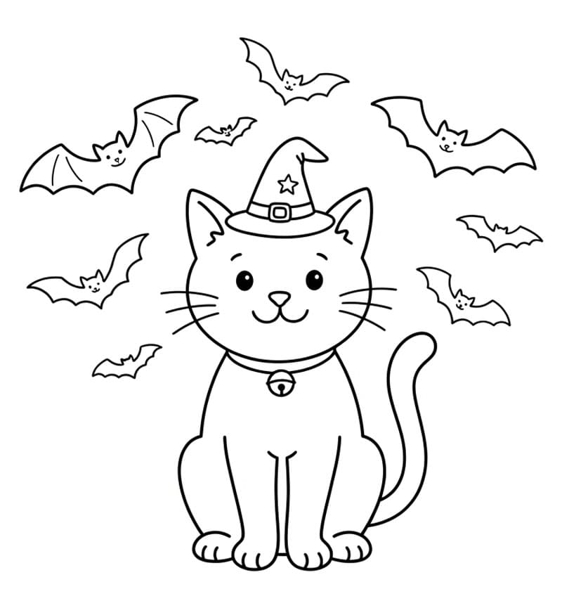 Halloween kat og flagermus Tegninger til Farvelægning
