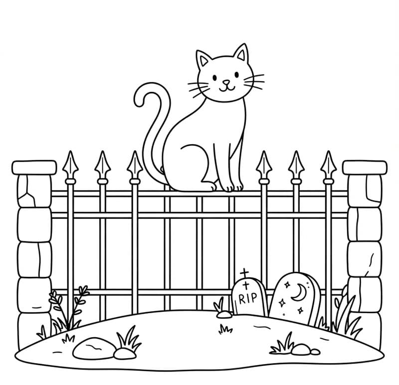 Halloween kat på et kirkegårdshegn Tegninger til Farvelægning