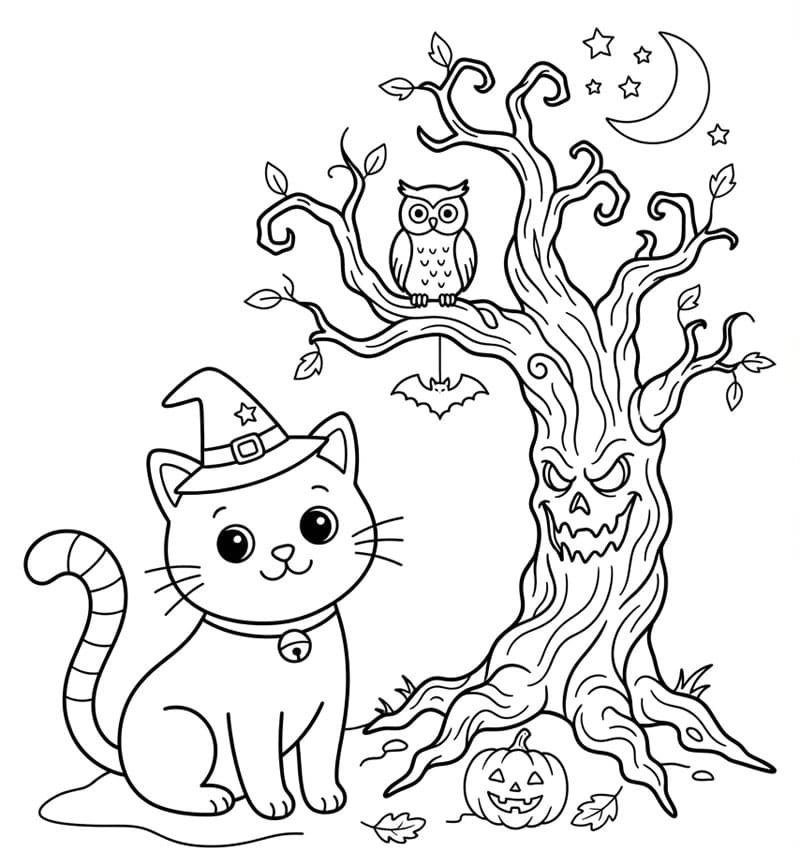 Halloween kat ved siden af et hjemsøgt træ Tegninger til Farvelægning