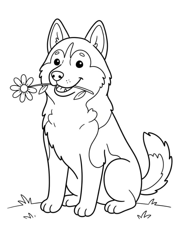 Husky med en blomst Tegninger til Farvelægning