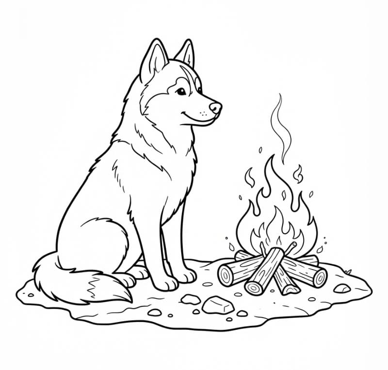 Husky ved et lejrbål Tegninger til Farvelægning