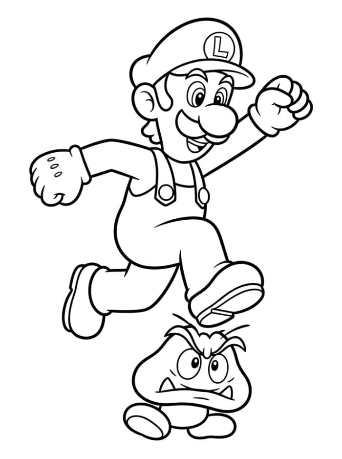 Luigi hopper på en Goomba Tegninger til Farvelægning