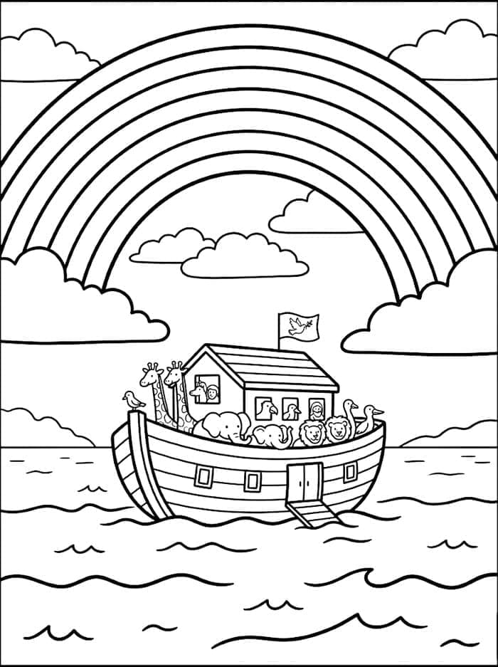 Noas Ark med stor regnbue Tegninger til Farvelægning
