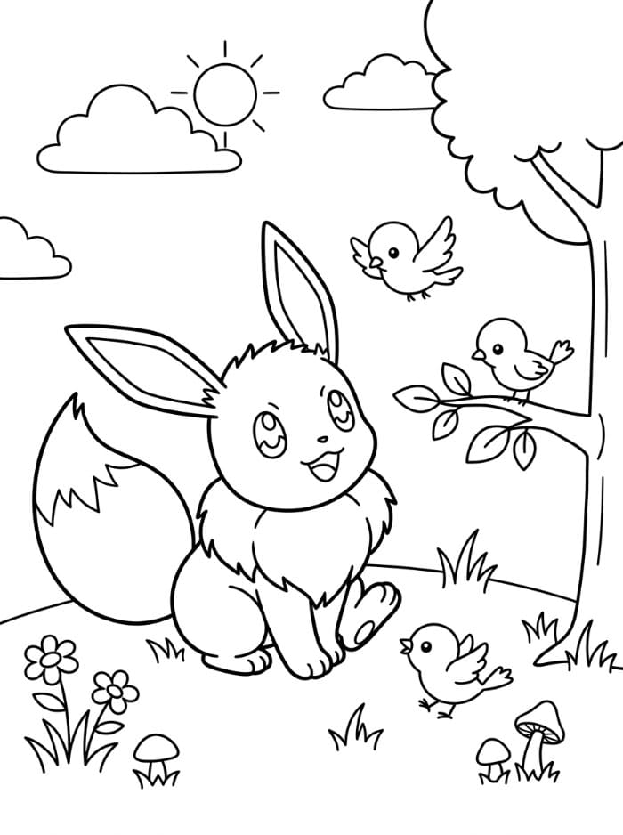 Eevee og fugle Tegninger til Farvelægning
