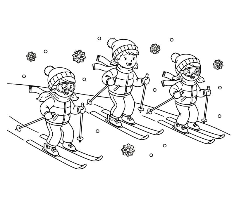 Gruppe af venner på ski Tegninger til Farvelægning