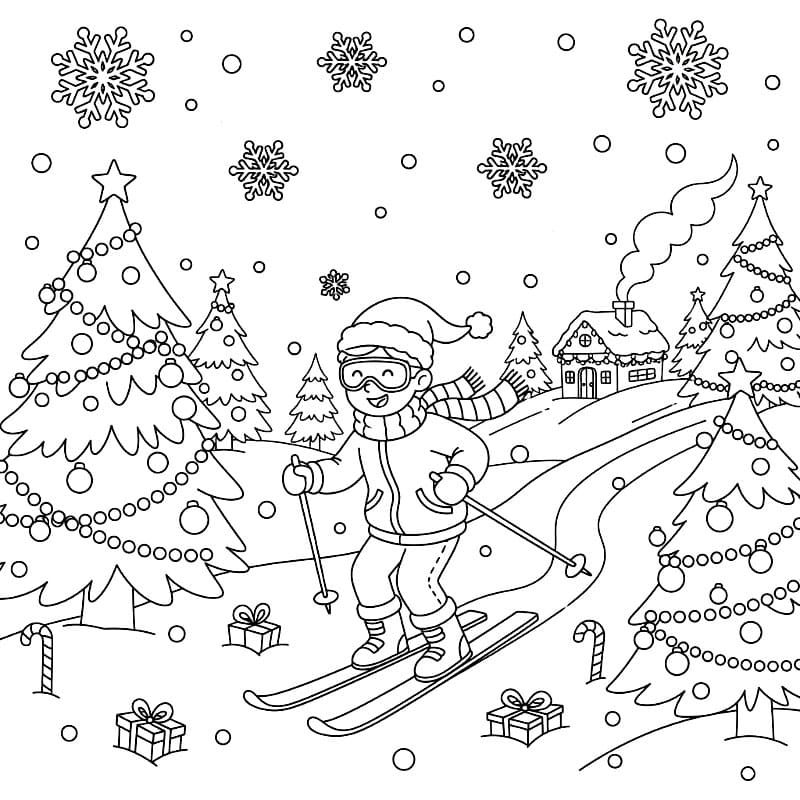 Skiløb i julestemning Tegninger til Farvelægning